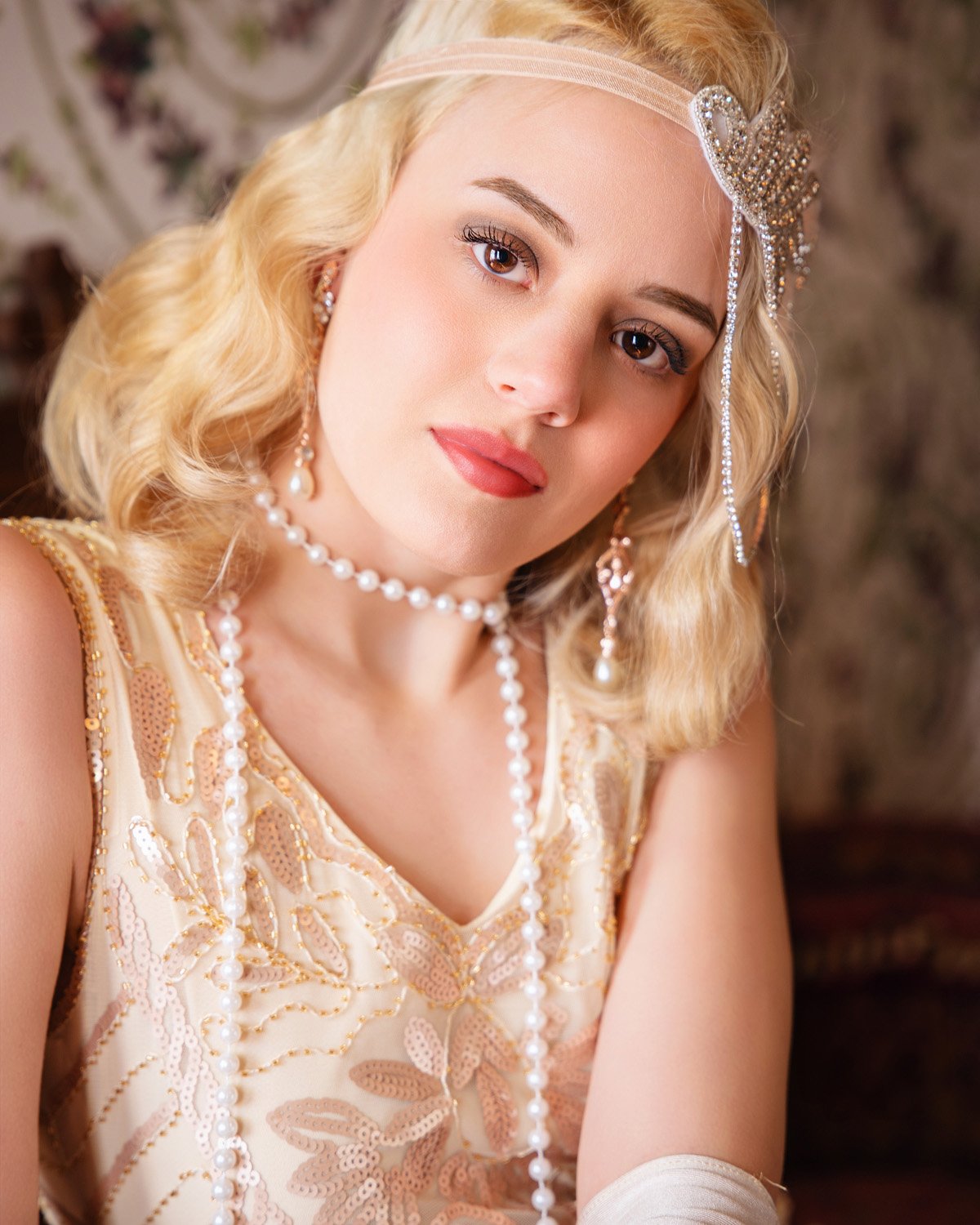 Luxury portrait of a woman in a fur stole and pearls, channeling vintage sophistication